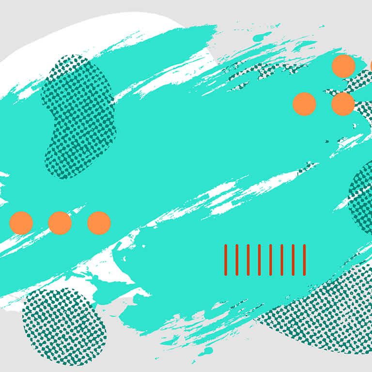 A colorful abstract piece of artwork incorporating teal and orange shapes