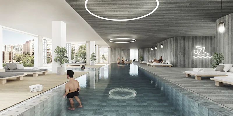 View of a mountain inspired pool at KING Toronto