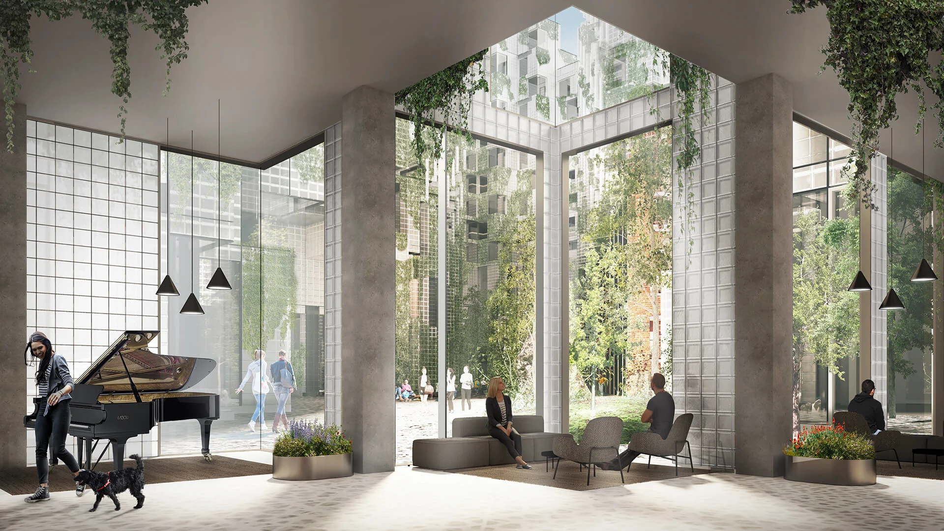 View inside the East atrium looking outside towards the courtyard