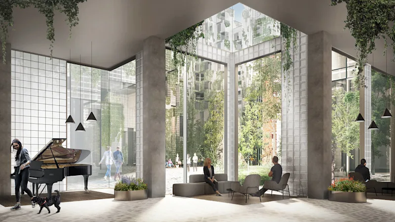 View inside the East atrium looking outside towards the courtyard