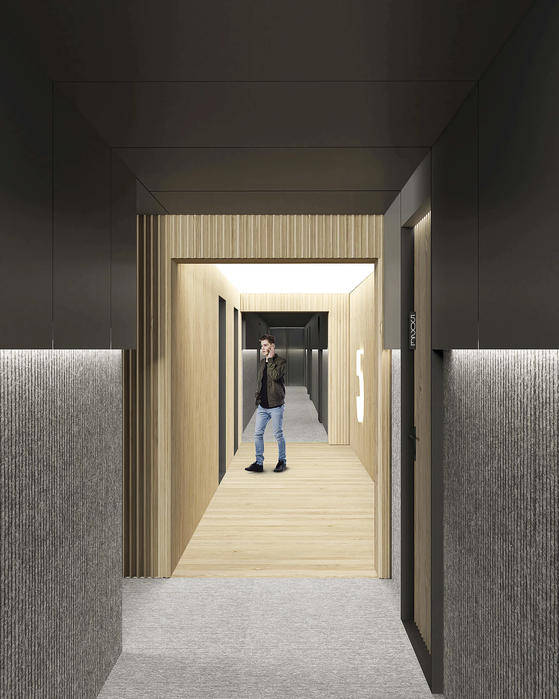 View down the residential corridors looking towards the elevator lobby