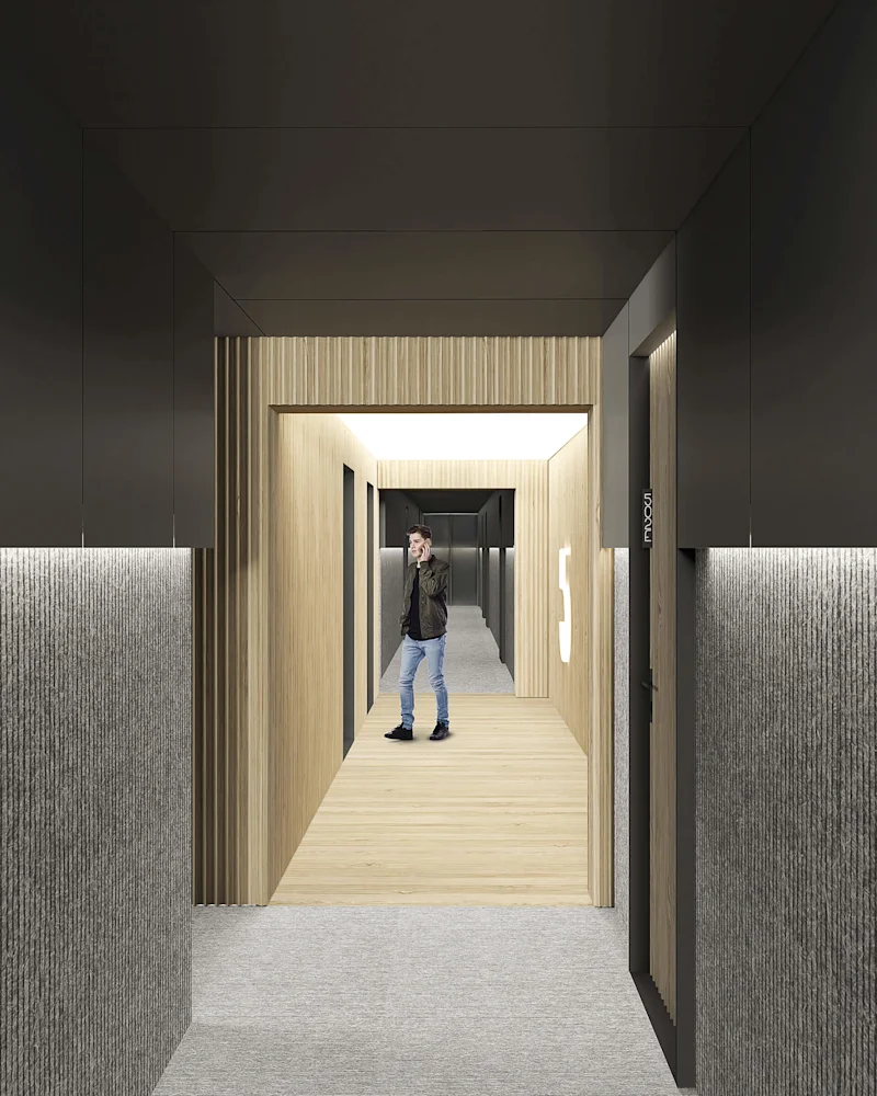 View down the residential corridors looking towards the elevator lobby