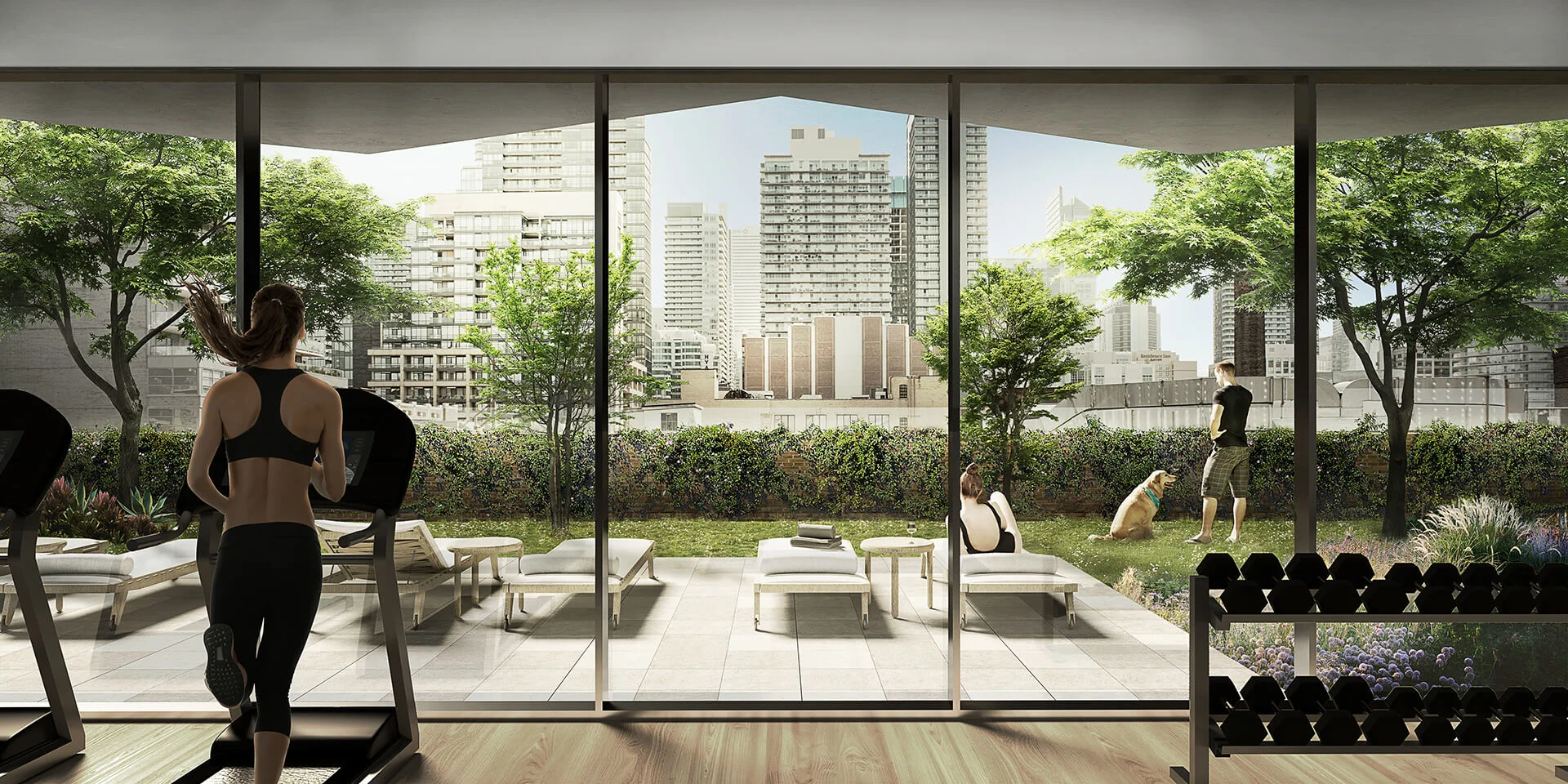 View of the gym looking out at the outdoor terrace