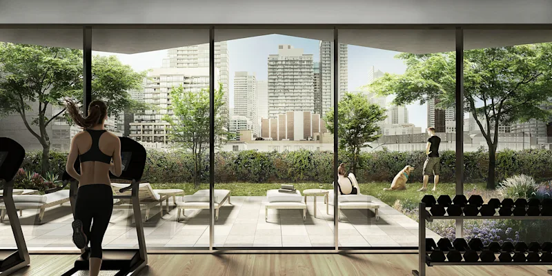 View of the gym looking out at the outdoor terrace