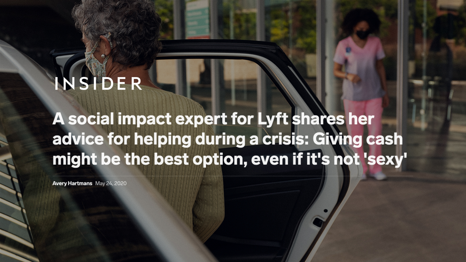 Woman entering Lyft Car with Insider article overlay
