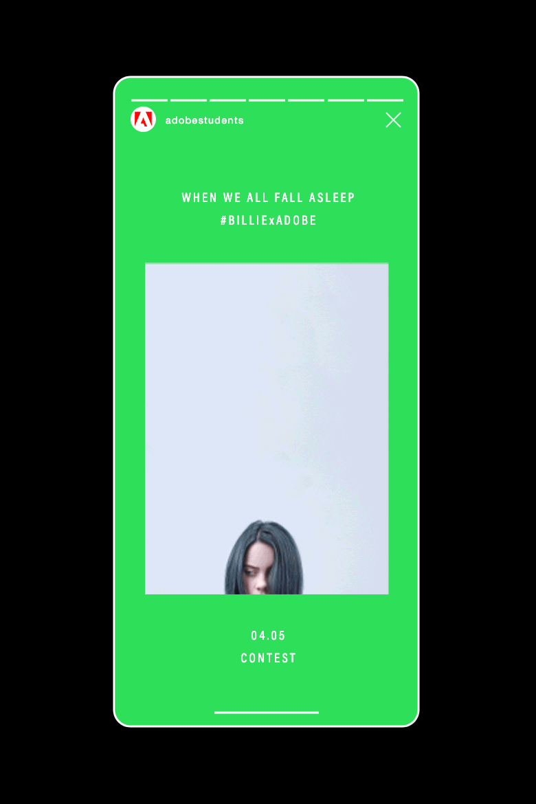 Outcast x Adobe: Instagram story featuring photos of Billie Eilish from the #BILLIExADOBE campaign