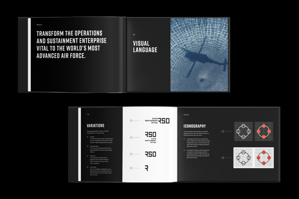 Outcast x RSO: excerpts from the RSO brand book featuring a RSO's mission statement: "Transform the operating and sustainment enterprise vital to the world's most advanced Air Force." 