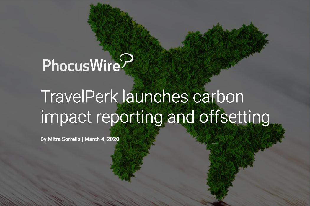 Outcast x TravelPerk: PhocusWire headline — "TravelPerk launches carbon impact reporting and offsetting"