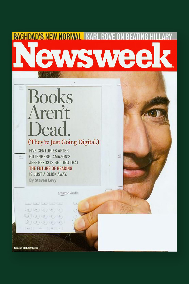 Outcast x Amazon: Newseek cover featuring Jeff Bezos — "Books Aren't Dead (They're Just Going Digital)." 