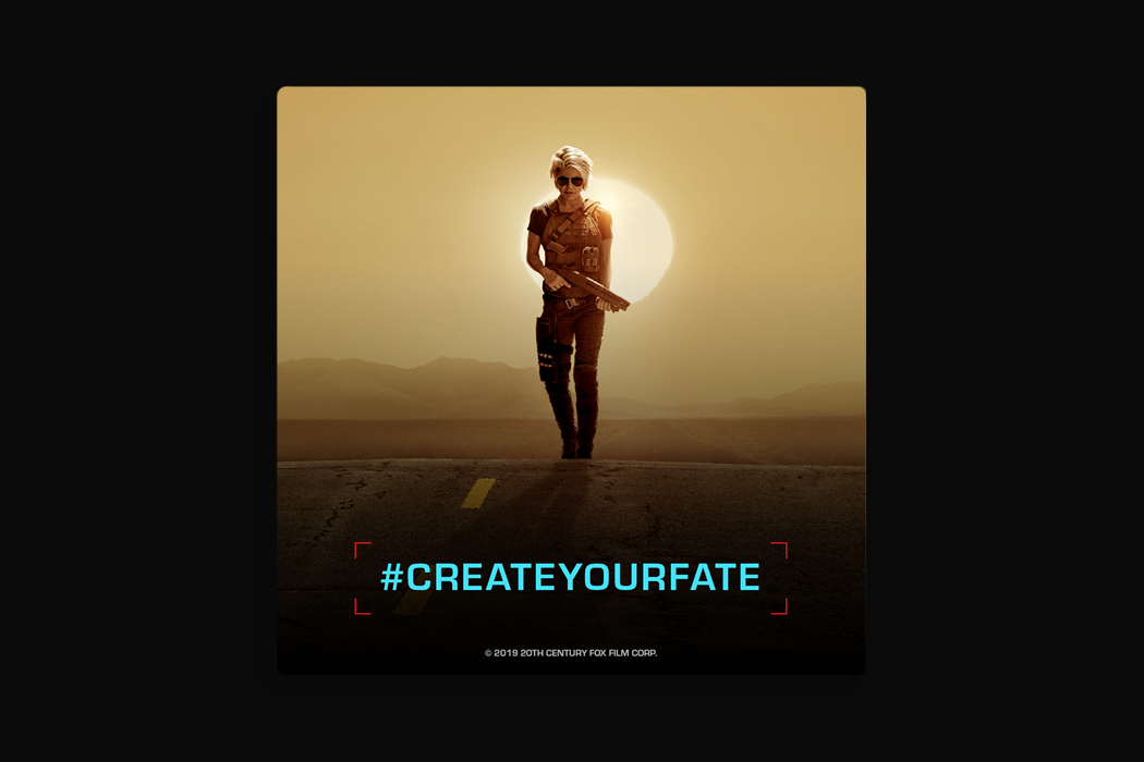 Outcast x Adobe: photo of Linda Hamilton as Sarah Connor from our #CREATEYOURFATE campaign promoting Terminator: Dark Fate and Adobe