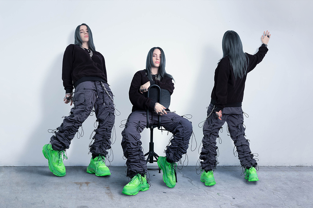 Outcast x Adobe: Photo featuring Billie Eilish in three poses from our #BILLIExADOBE campaign