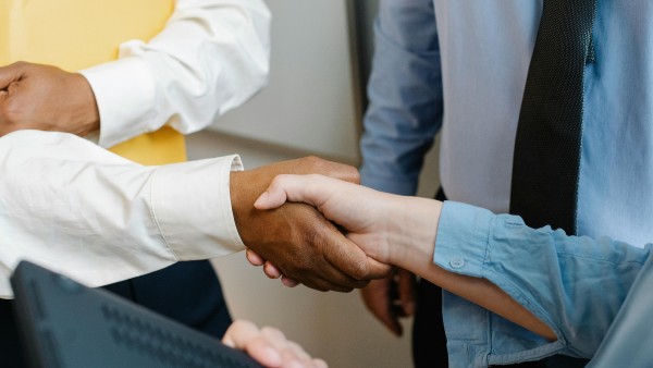 Multiracial colleagues shaking hands at work