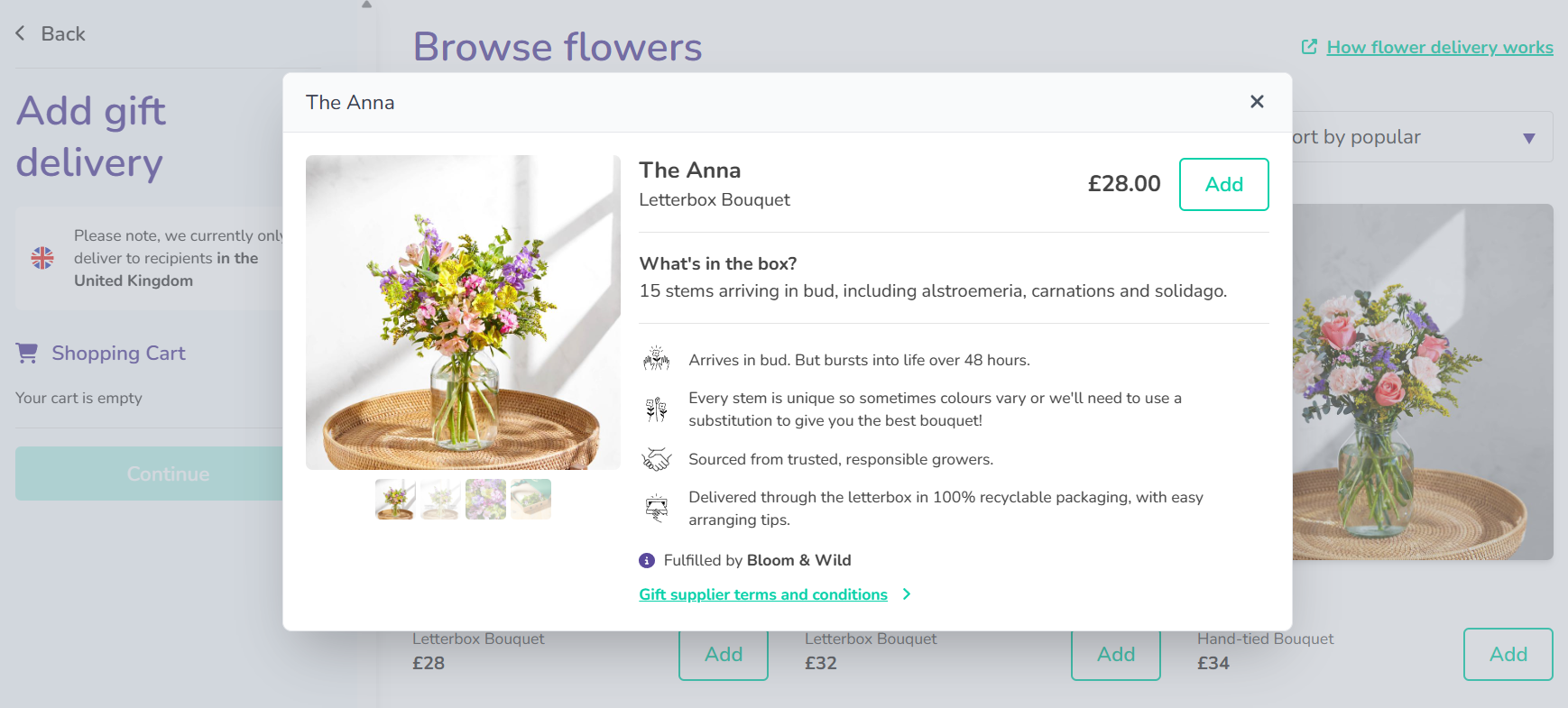 Thankbox flower selection options screen