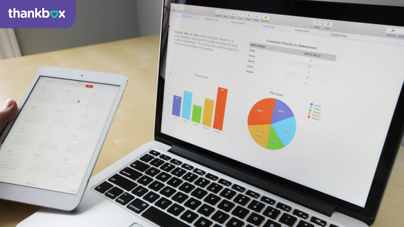 Laptop screen with data analysis graphs and charts