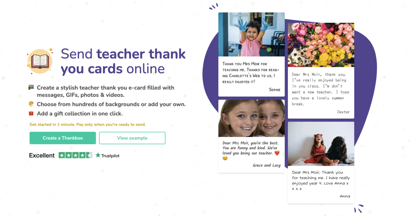 Teacher Card Thankbox webpage screenshot