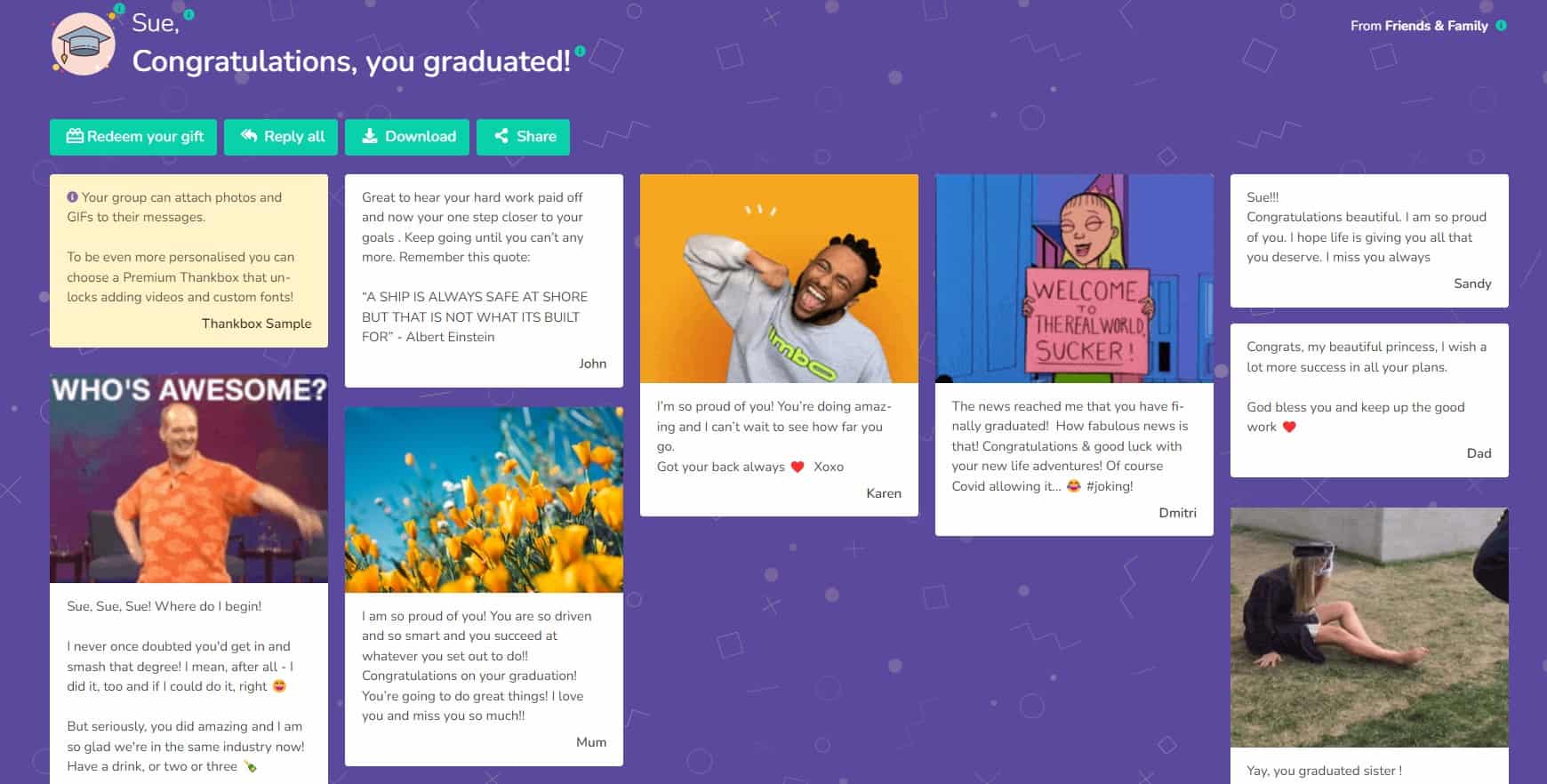A Thankbox Graduation Card sample highlighting personal messages, GIFs, and images.