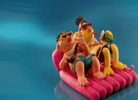 Animation of playdough characters in shades relaxing on lilo