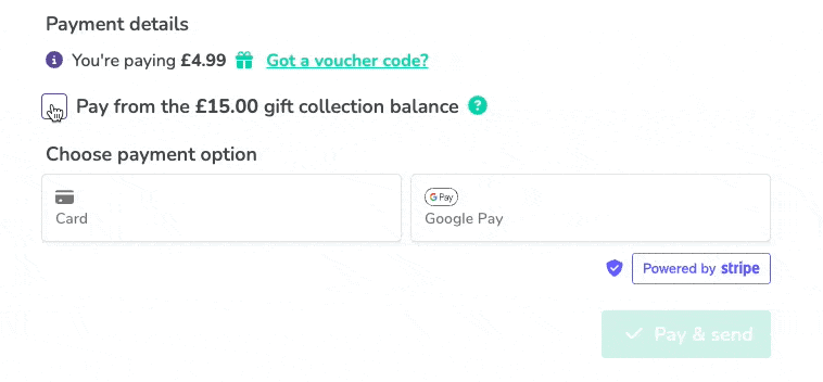 An GIF showing the checkboxes and process to enable payment for a Thankbox to be taken from the gift collection total.