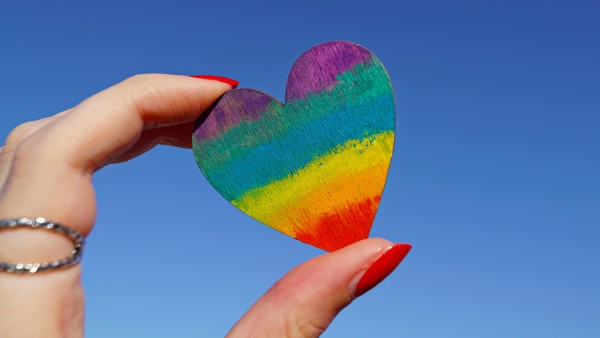 Female holding a multicoloured heart