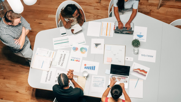 Team in an office discussing a project