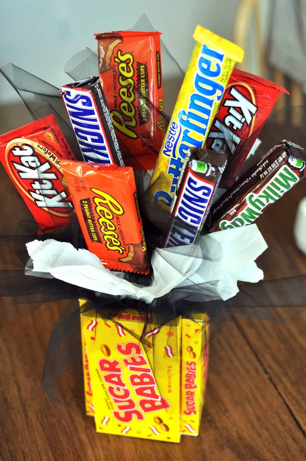 A picture of a candy bouquet