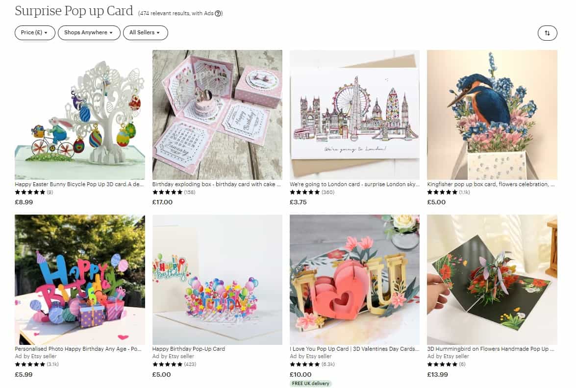 An Etsy page of pop-up cards