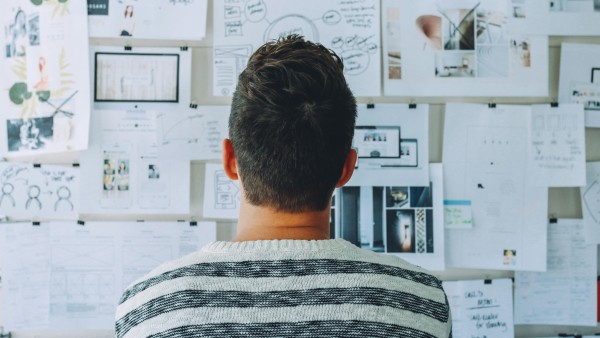 Man looking at papers on the wall