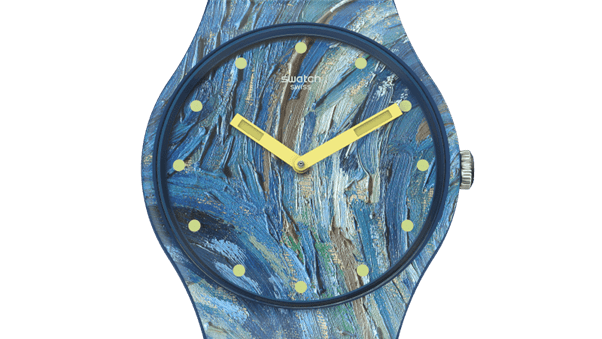A blue Swatch watch face
