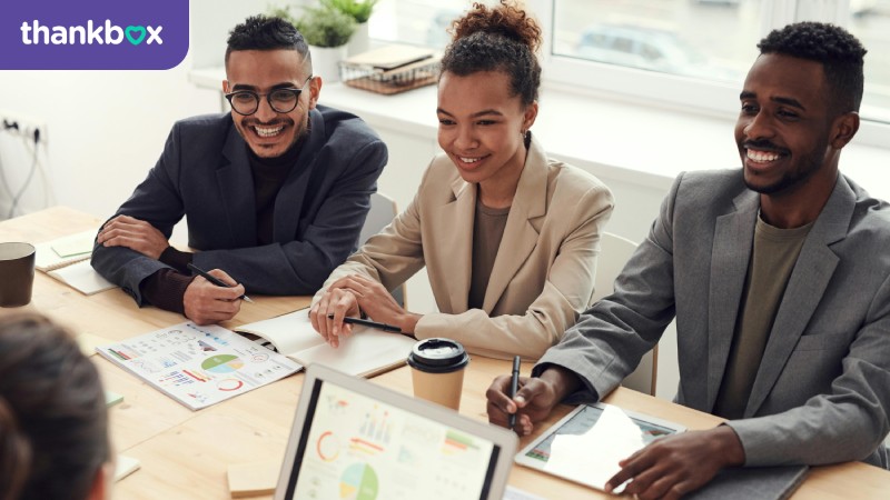 Smiling coworkers in a meeting