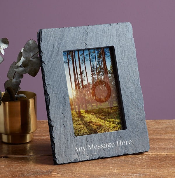 A slate picture frame personalised with text