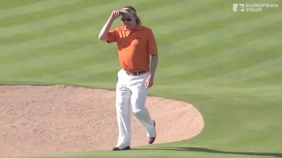 GIF of golfer doing moves at bunker after great wedge shot