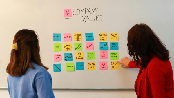 Company values on a whiteboard