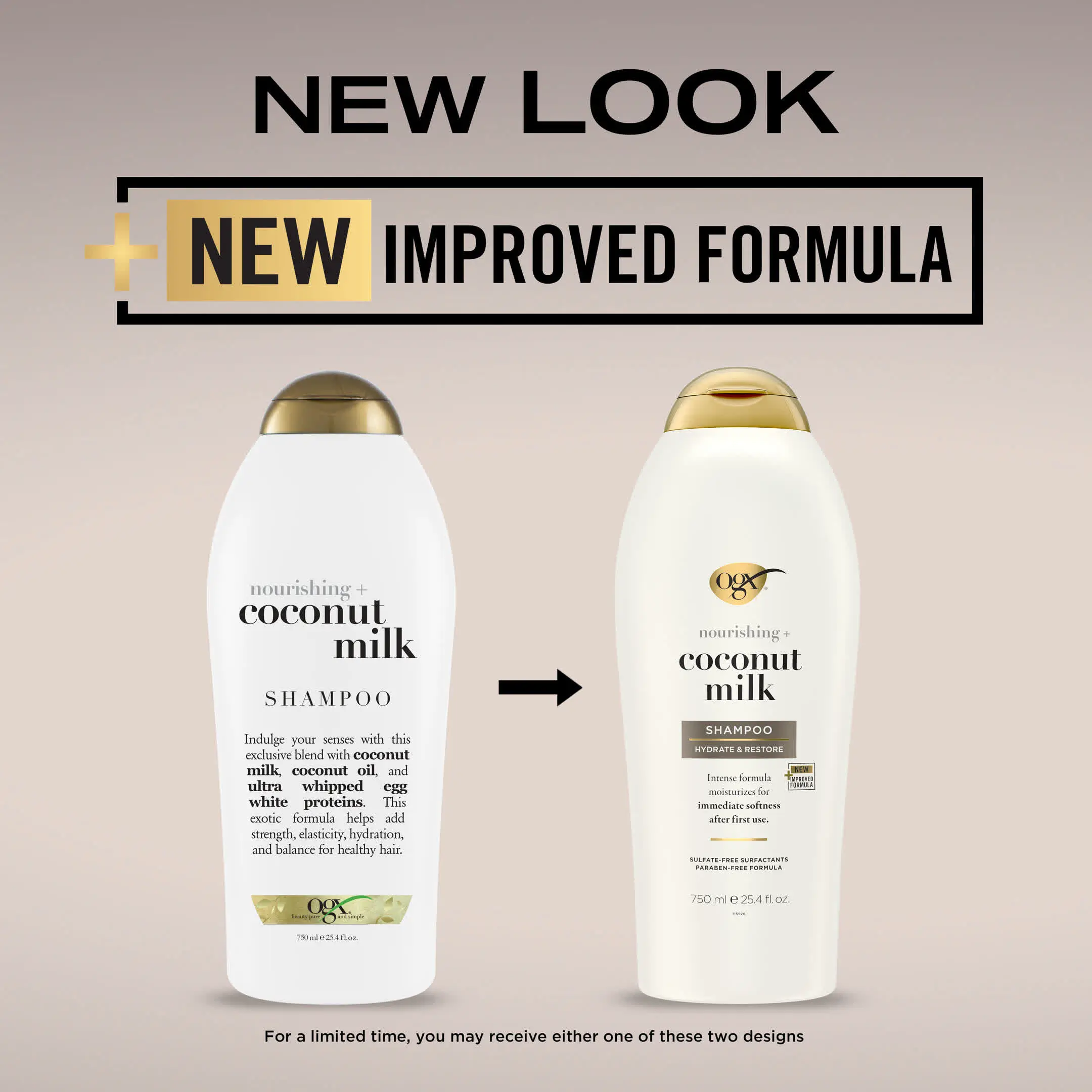 Image displaying the transition to new packaging for OGX Coconut Milk Shampoo Salon Size 25 oz