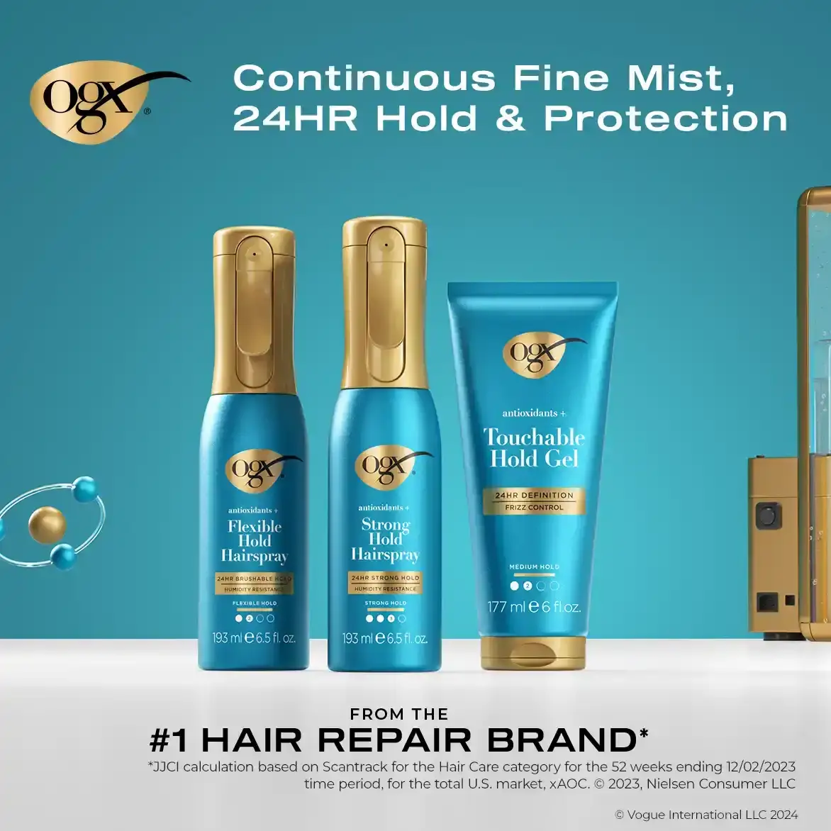 Lock your style with OGX® Style Finishers providing 24 Hour Hold and Protection from the #1 Hair Repair Brand*