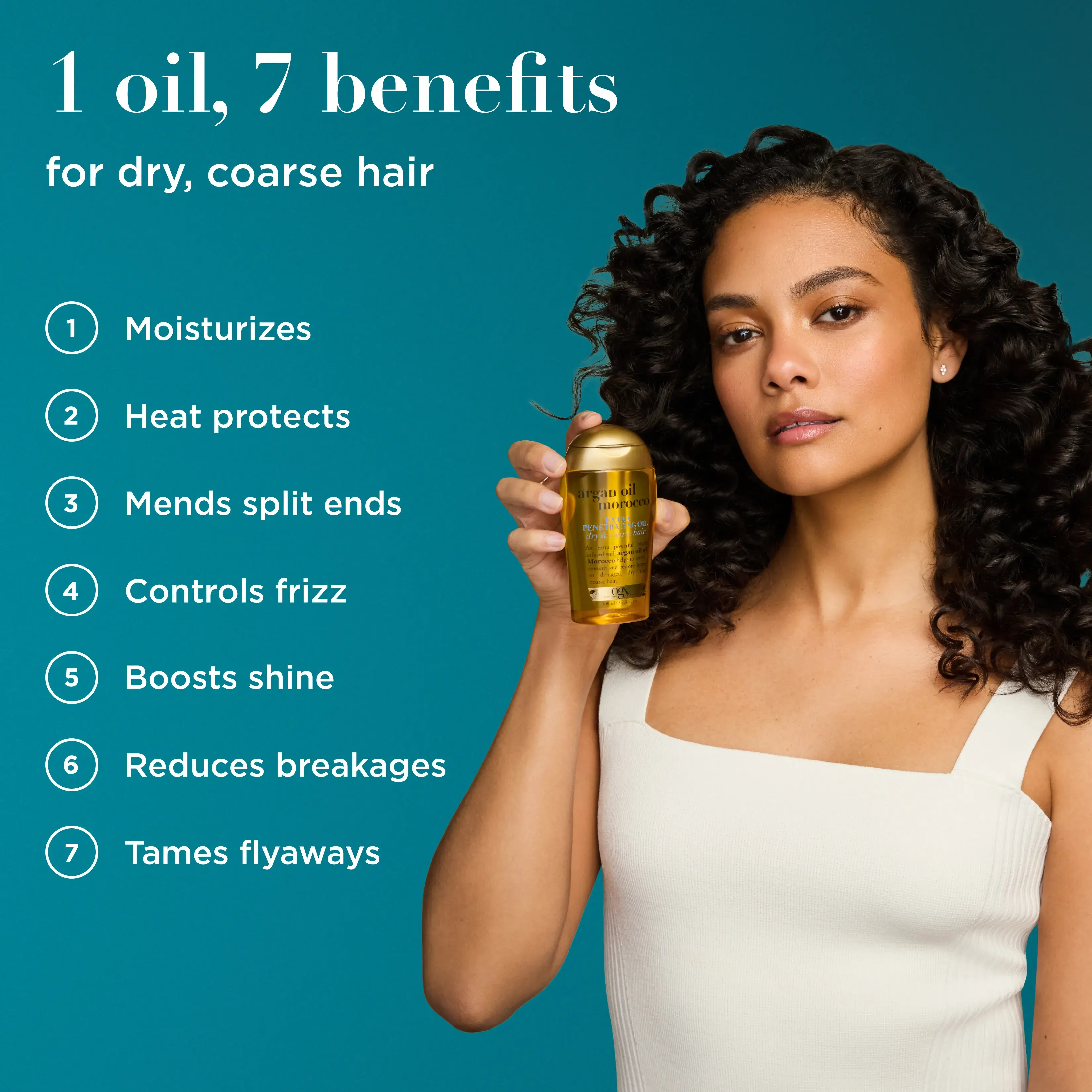 OGX® Renewing + Argan Oil of Morocco Extra Penetrating Oil talent showcasing product with benefits: one oil, 7 benefits for dehydrated hair.