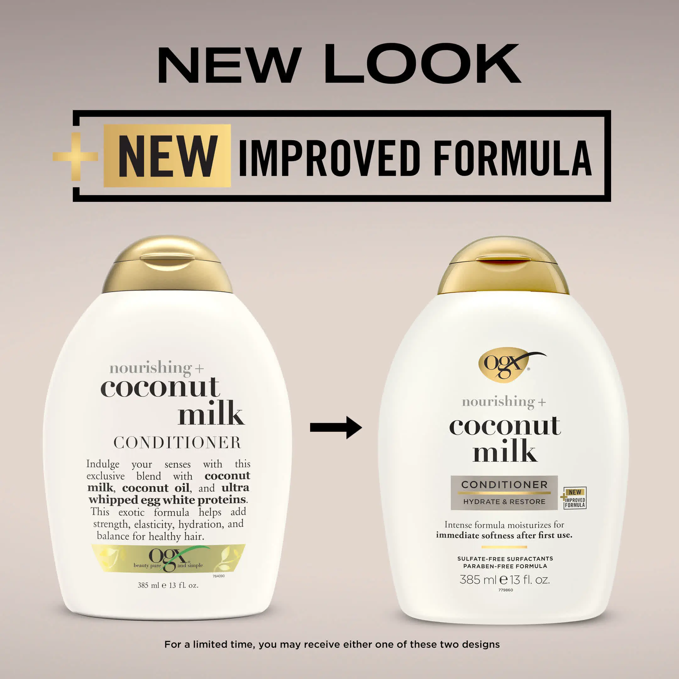 Image displaying the transition to new packaging for OGX Coconut Milk Conditioner 13 oz