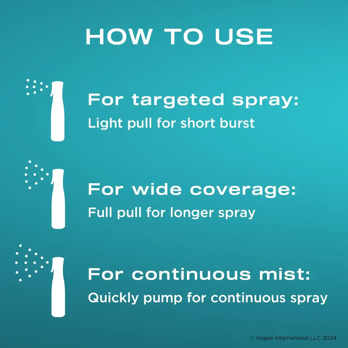 How to Use: One, for targeted spray, light pull for short burst. Two, for wide coverage: full pull for longer spray. Three, for continuous mist: quickly pump for continuous spray.