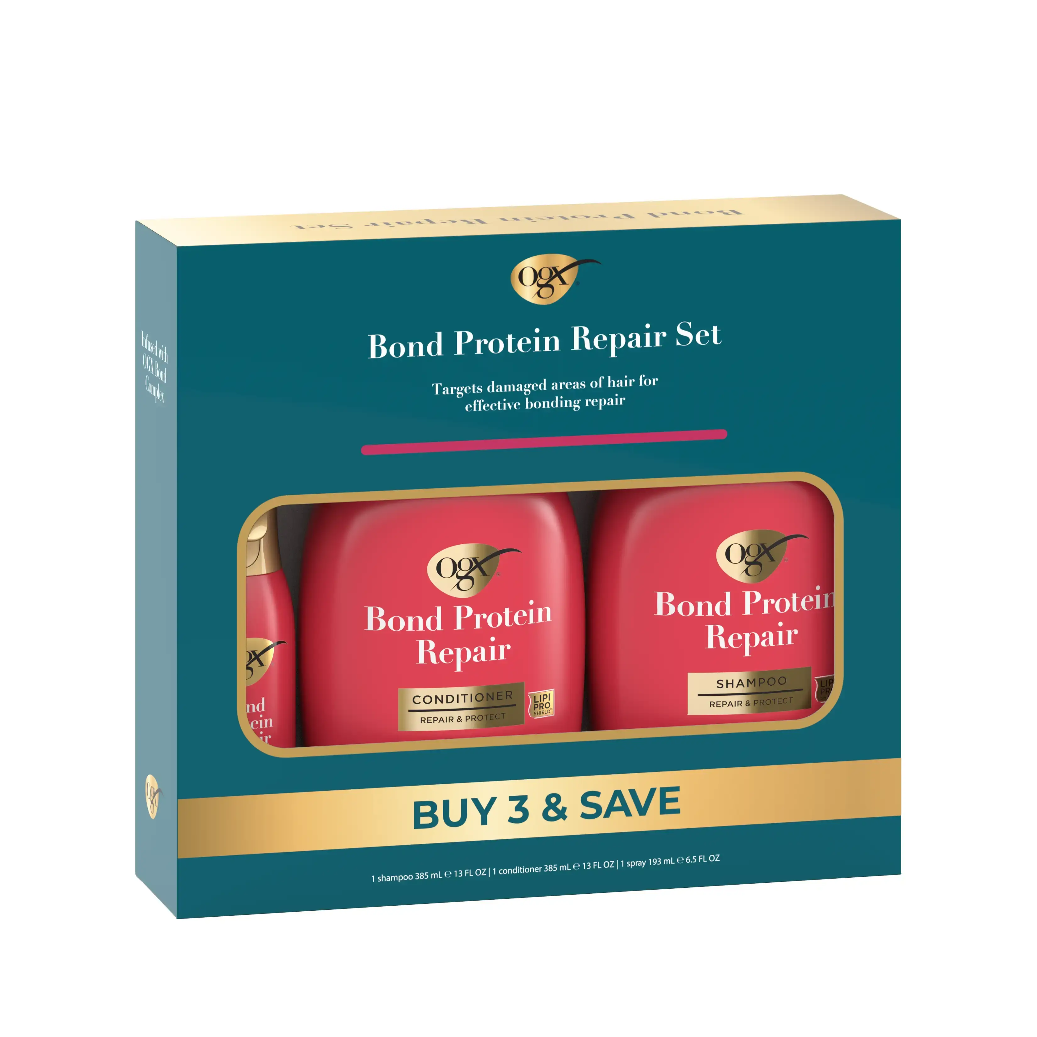 OGX® Bond Protein Repair Set angled box shampoo conditioner spray red bottles buy 3