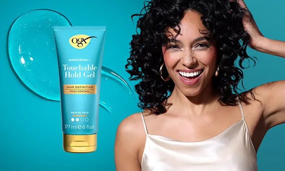 Woman using OGX® Touchable Hold Gel and front of packaging