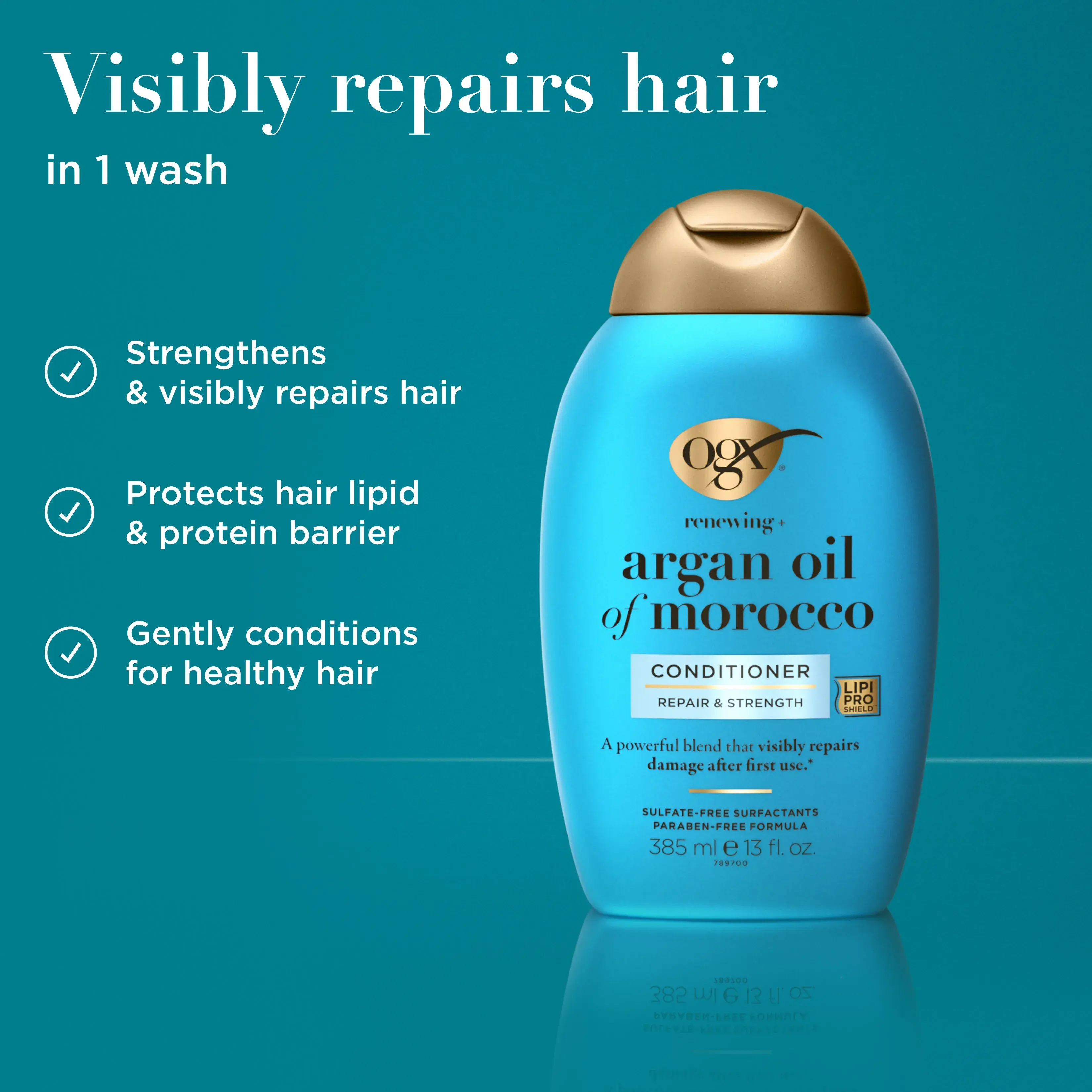 Argan Oil of Morocco Conditioner visibly repairs hair in 1 wash: strengthens & visibly repairs hair, protects hair lipid & protein barrier, conditions for healthy hair.