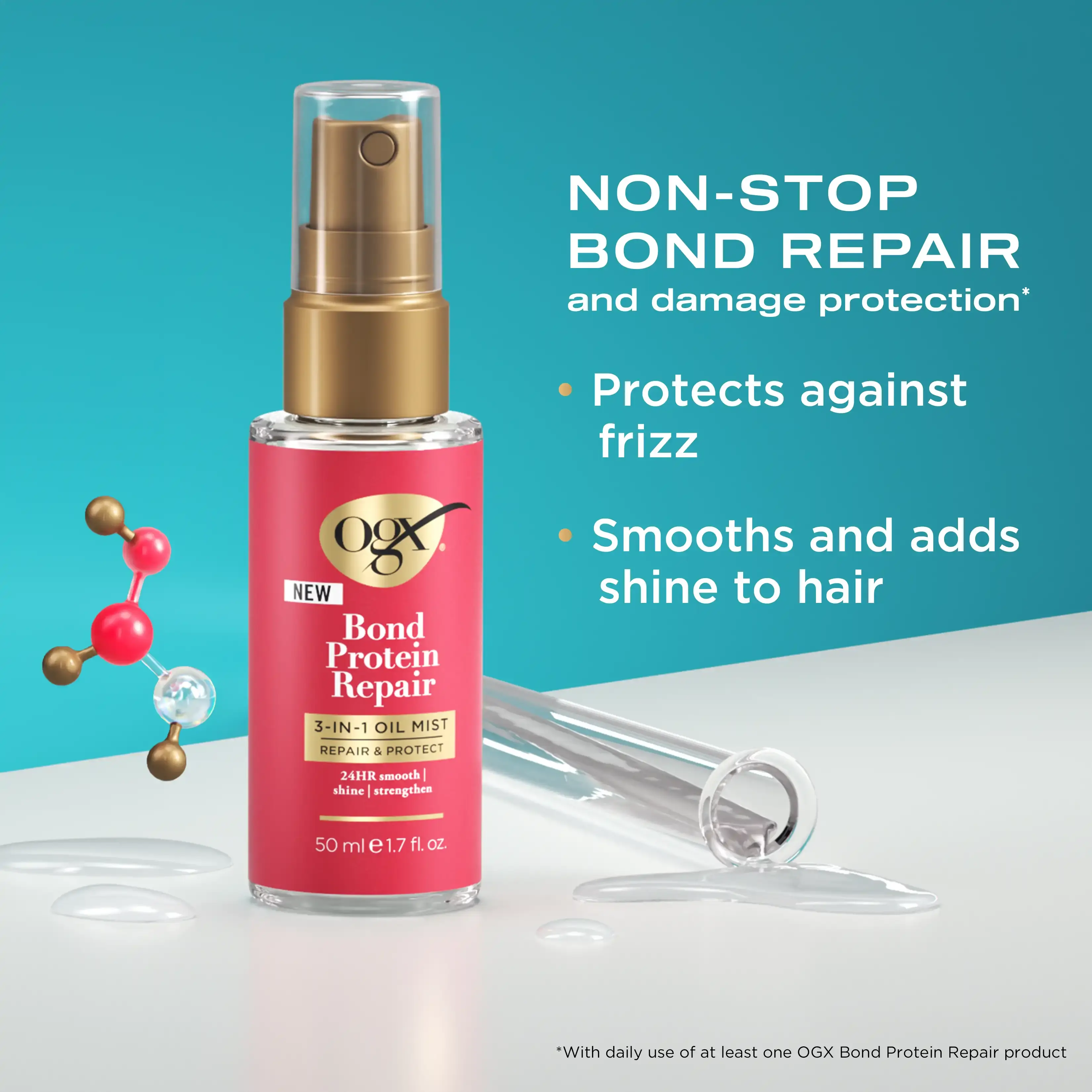 Bond Protein Repair 3-in-1 Oil Mist Product Benefits: Protects against frizz, smooths and adds shine to hair