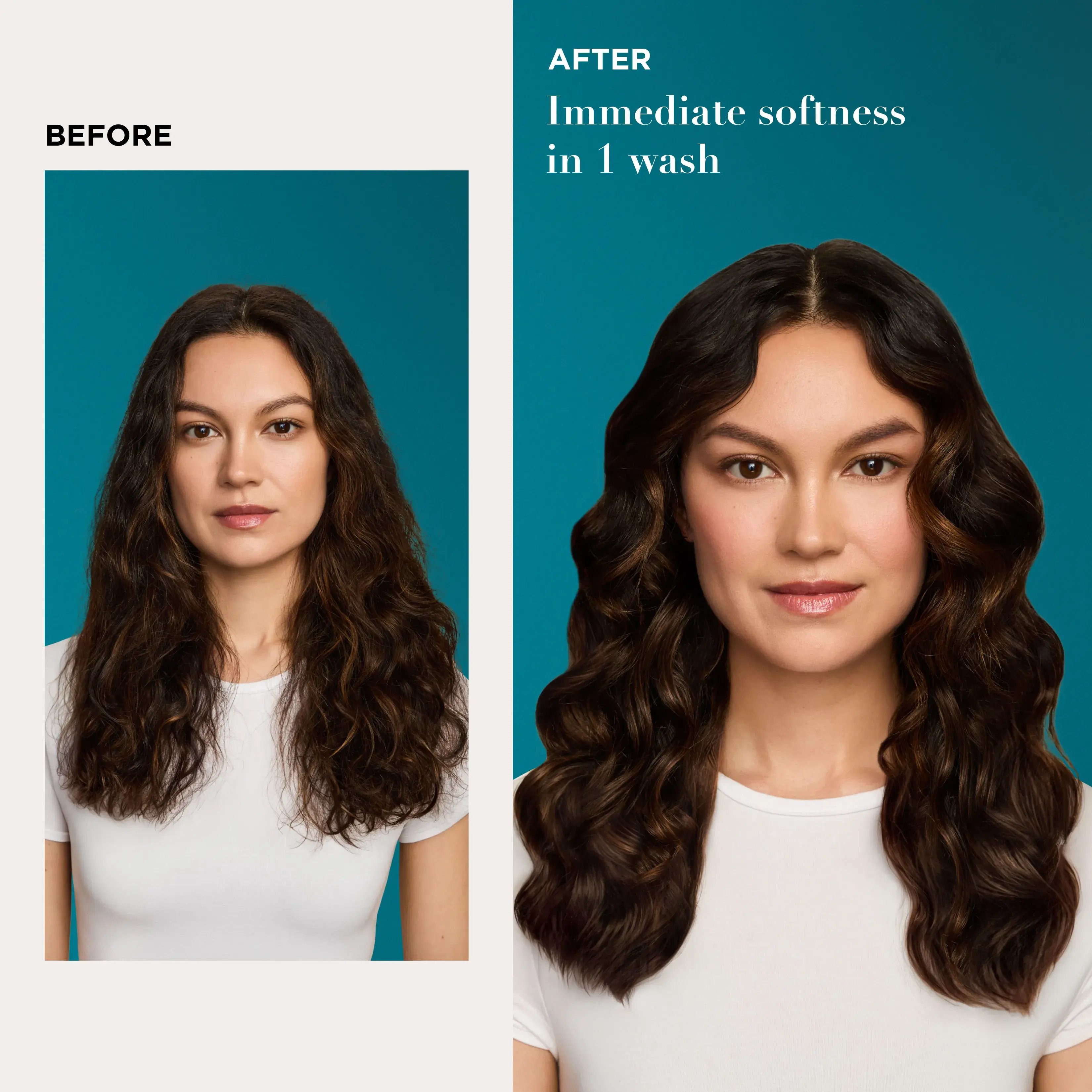 Before and After image displaying woman that used Coconut Milk product which gives immediate softness after 1 wash