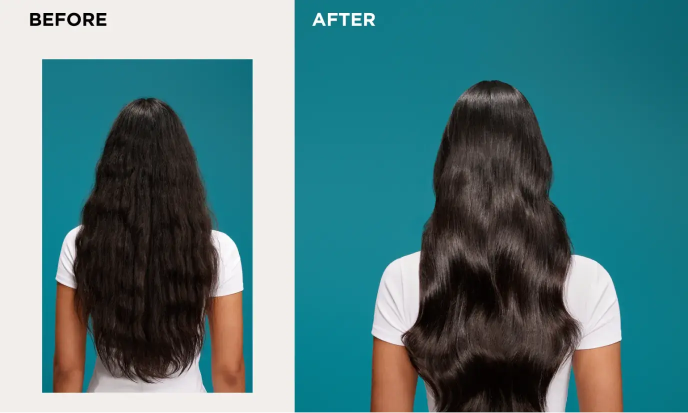 Before and After image displaying woman with 48 hours of glossy shine