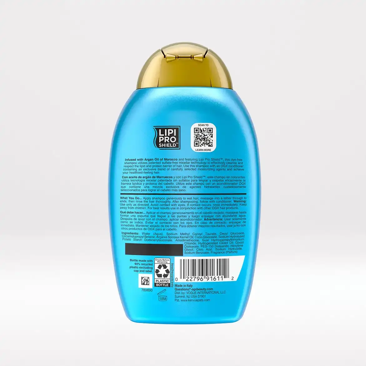 Argan Oil of Morocco Shampoo 13oz Back of Packaging