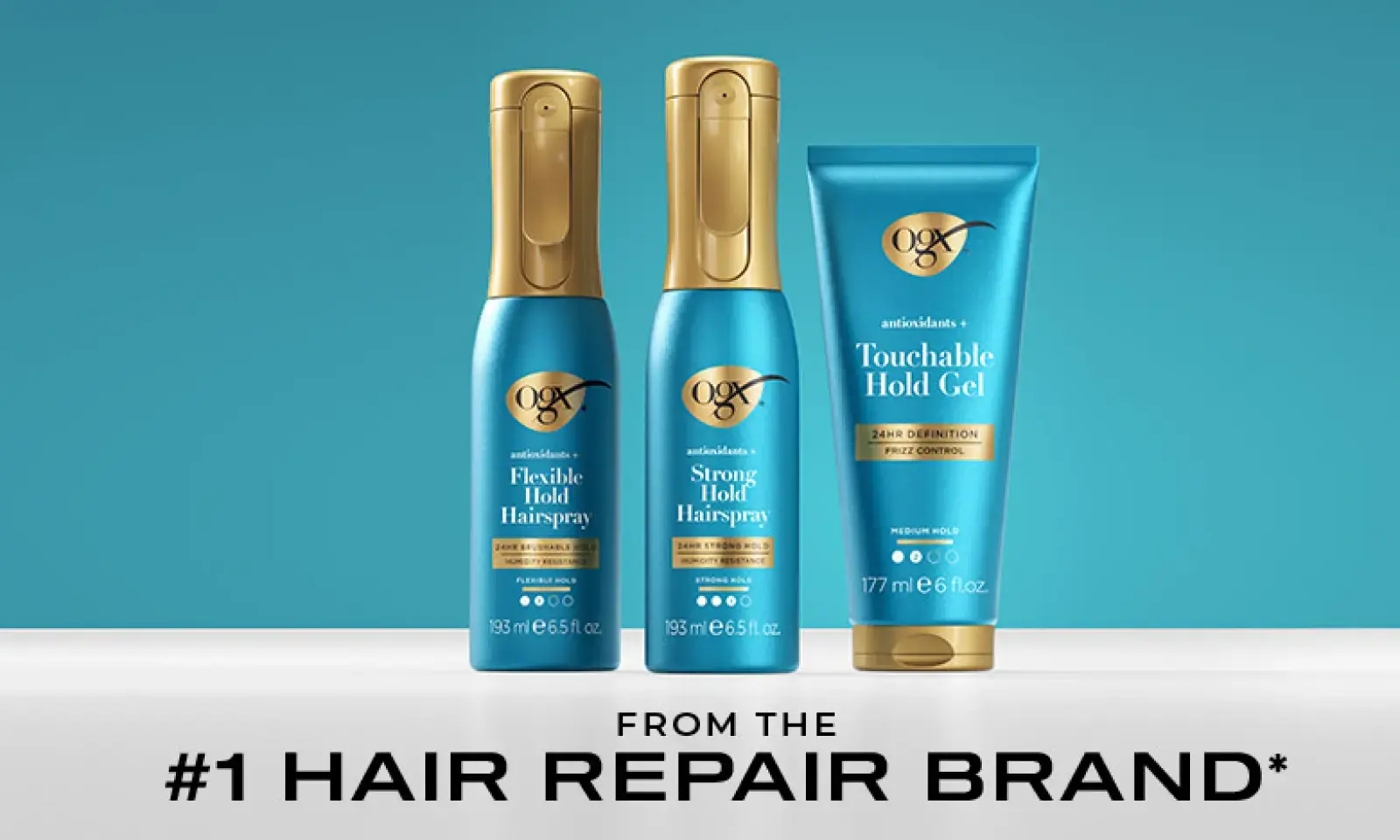 Lock your style with OGX® Style Finishers providing 24 Hour Hold and Protection from the #1 Hair Repair Brand*