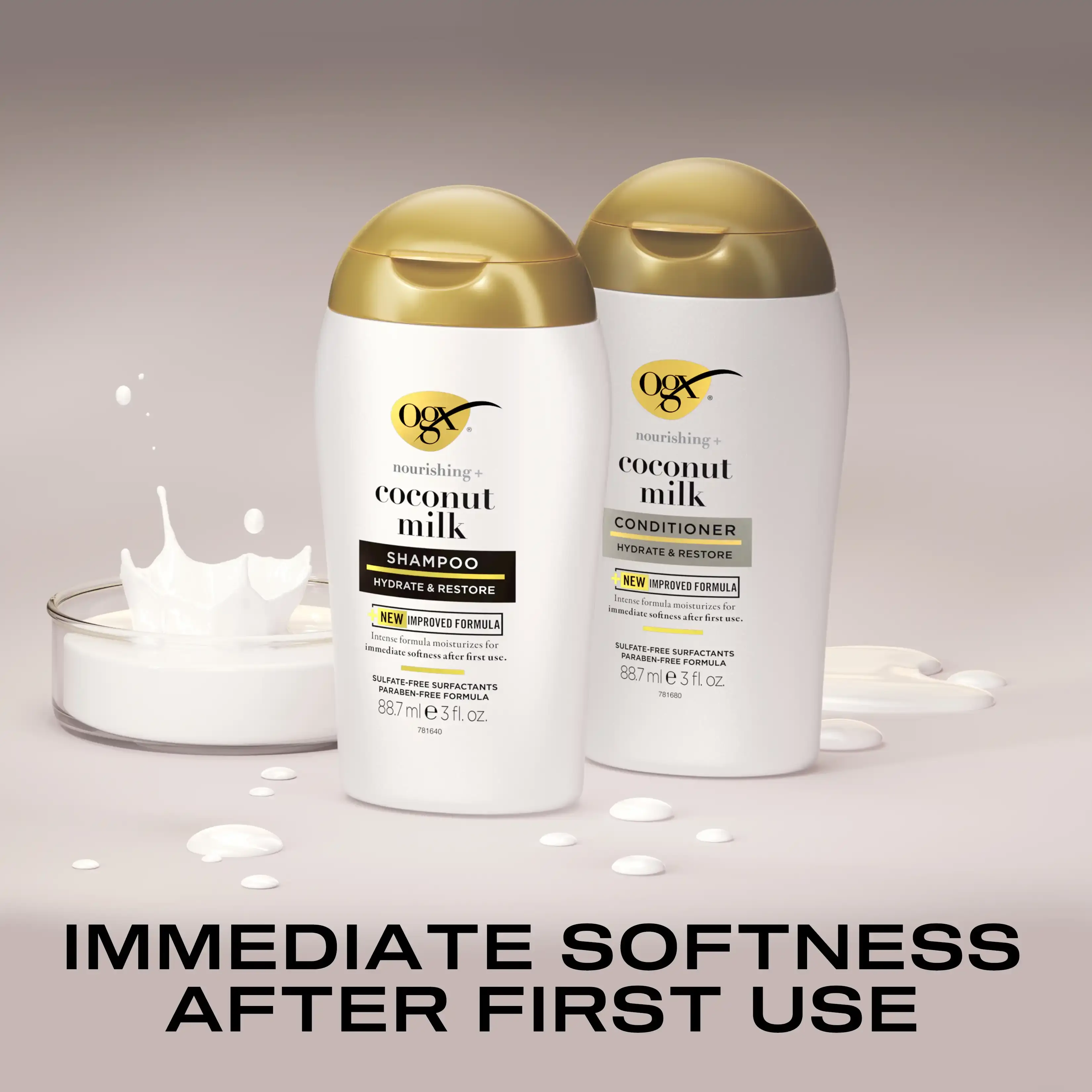 OGX® Coconut Milk shampoo conditioner white bottles hydrate restore immediate softness