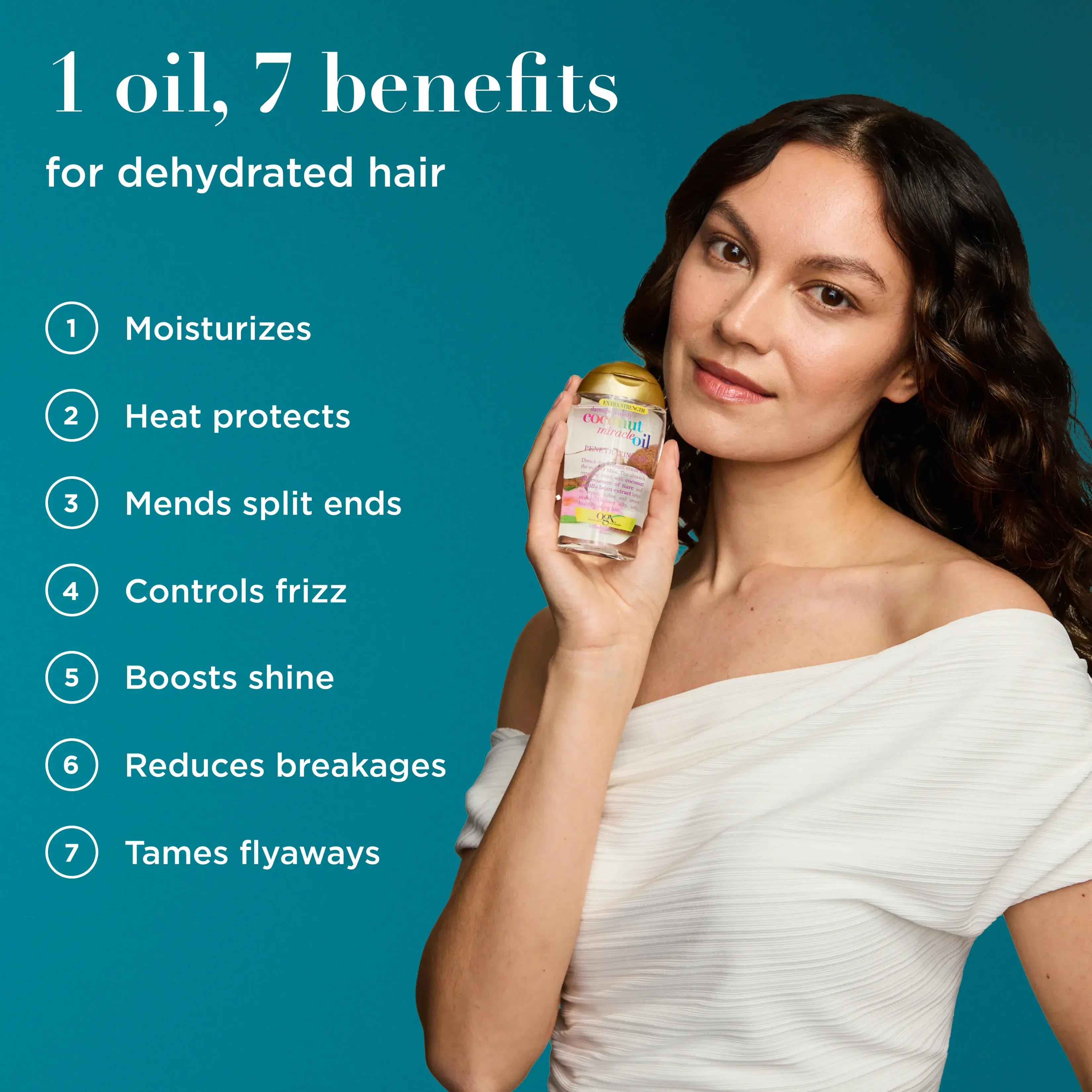 OGX® Coconut Miracle Penetrating Oil talent showcasing product with benefits: one oil, 7 benefits for dehydrated hair.