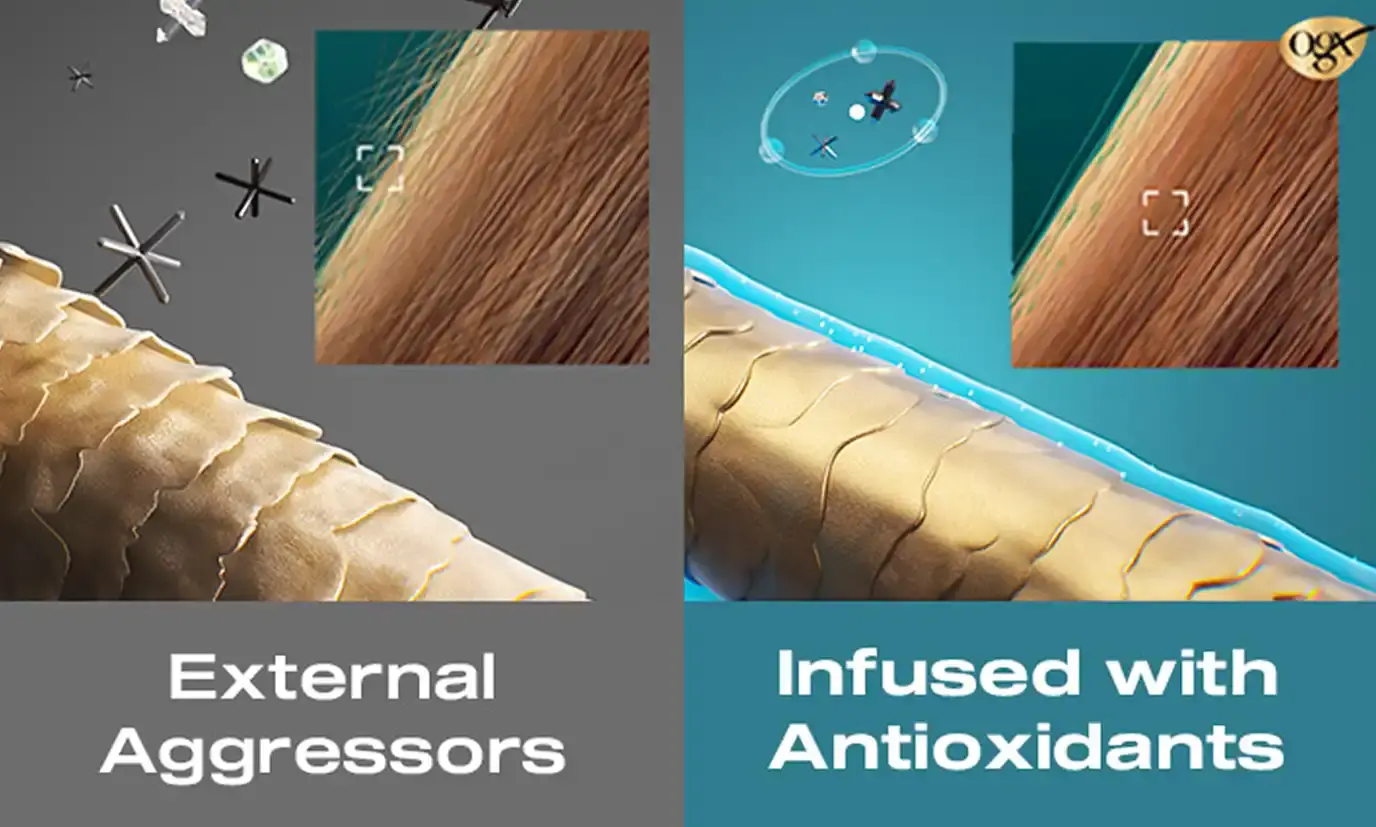 Image displaying the long lasting protection effects of OGX® Style Finishers infused with antioxidants on hair follicles against external aggressors