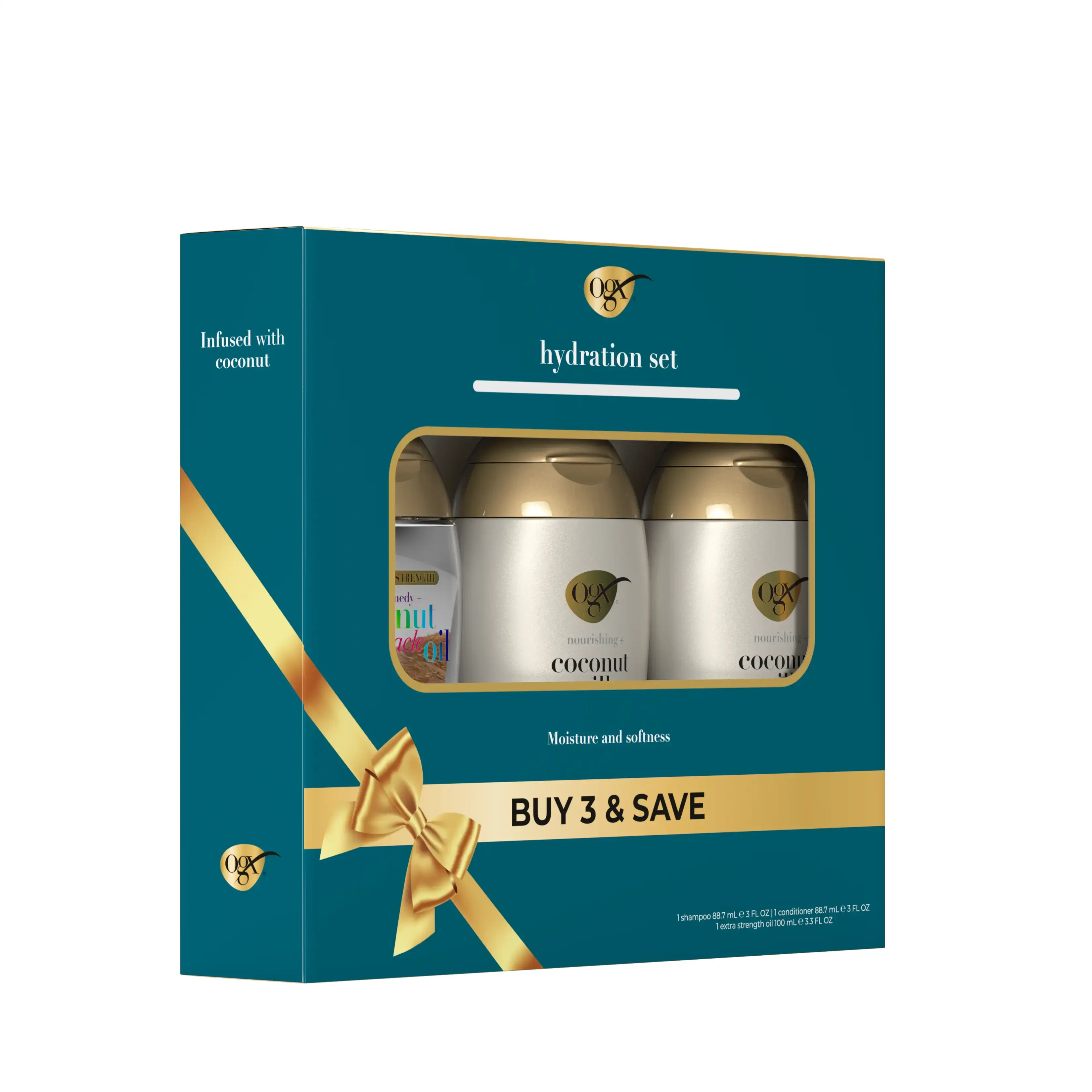 OGX® Coconut Milk Hydration Set teal box gold ribbon shampoo conditioner oil buy 3 and save