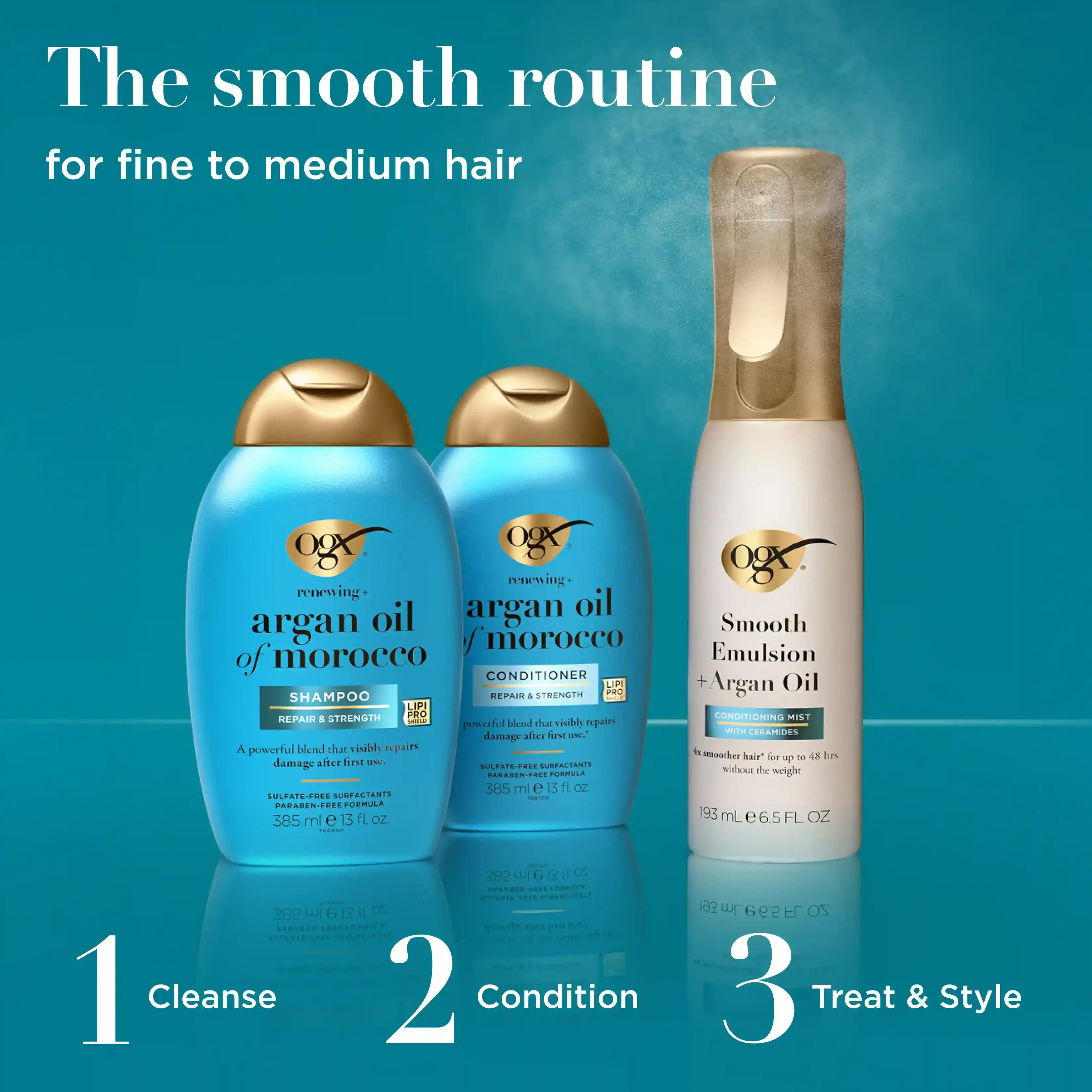 The smooth routine for fine to medium hair: 1 cleanse with argan oil of morocco shampoo 2 conditon with argan oil of morocco conditioner 3 treat with mooth Emulsion + Argan Oil Conditioning Mist 
